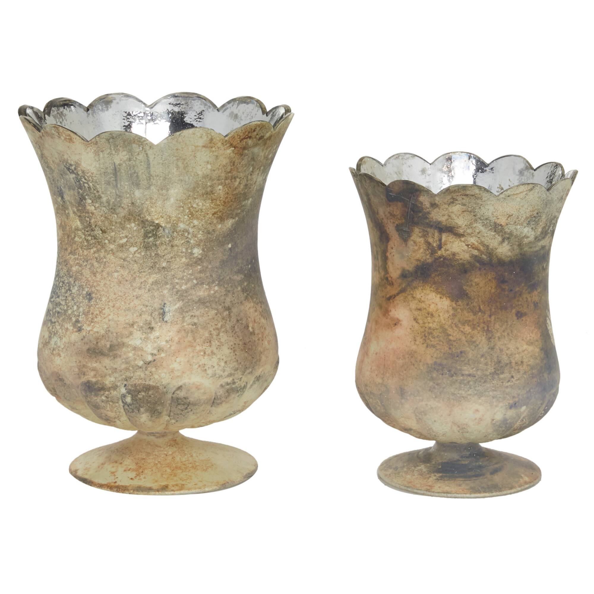 Set of 2 Brown Glass Rustic Candle Holder, 7.5", 9"